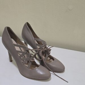 Nine West Taupe Lace-Up Pointed Toe Heel Pumps